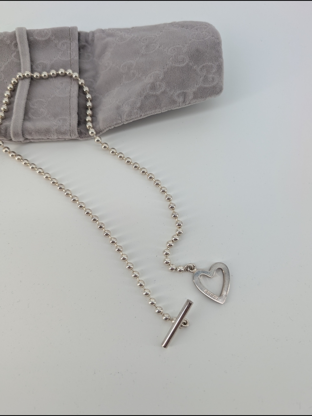 Gucci sterling silver heart T bar boule necklace. 